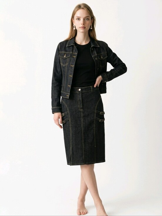Dresses & Skirts - Blue Denim Midi Skirt with Decorative Strap Details